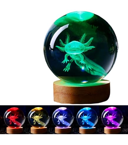 axolotl lamp,3.15 inch 3D K9 Crystal Ball Axolotl Night Light with